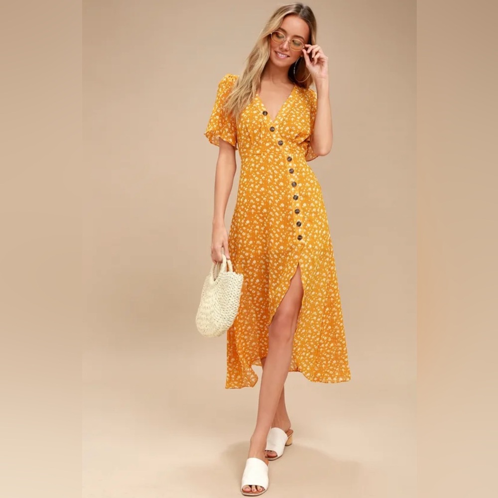 Yellow Floral Button-Front Midi Dress